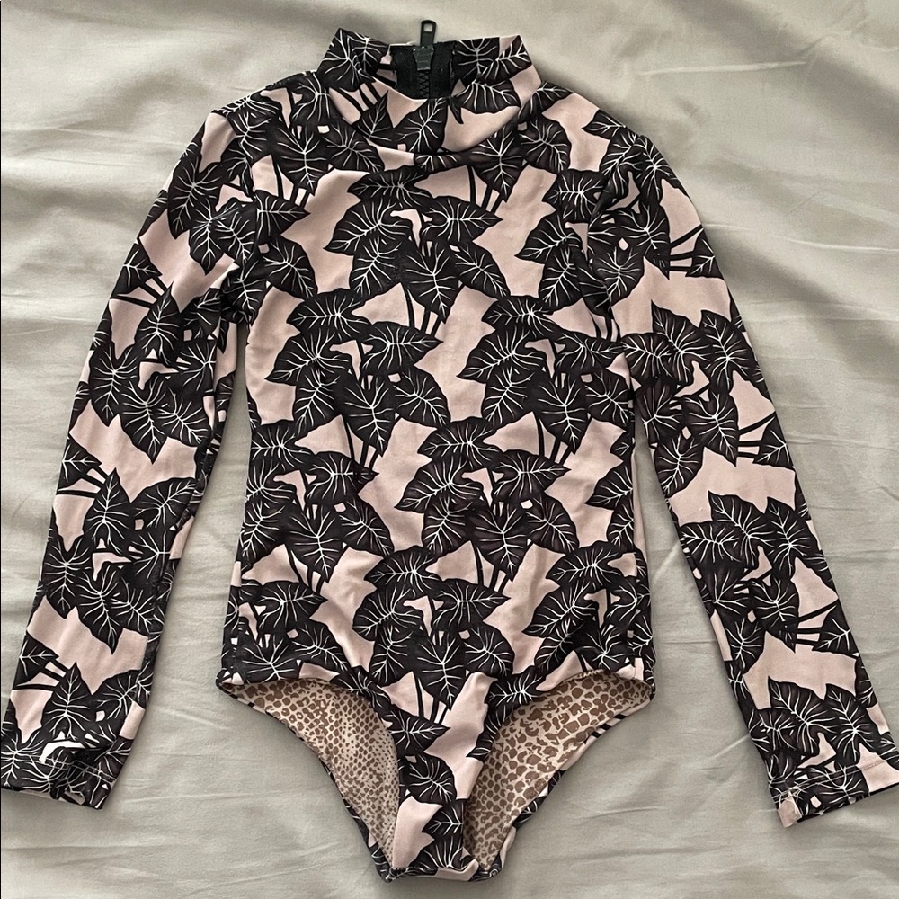 Acacia Swimwear Honey Kids Ehukai Black and Cream Leaf Bodysuit